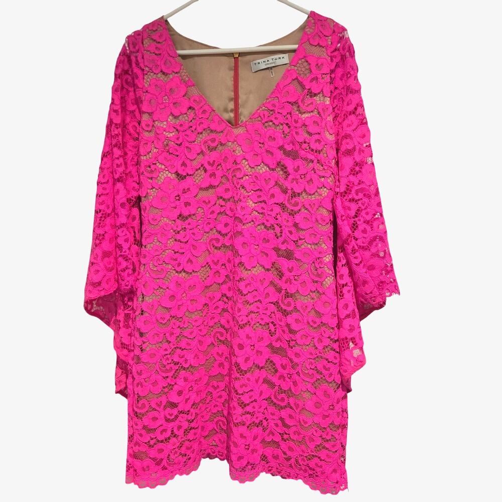 Trina Turk Iliana Hot Pink Lace Dress Size 12 Batwing Sleeve Wedding Guest - Picture 5 of 9
